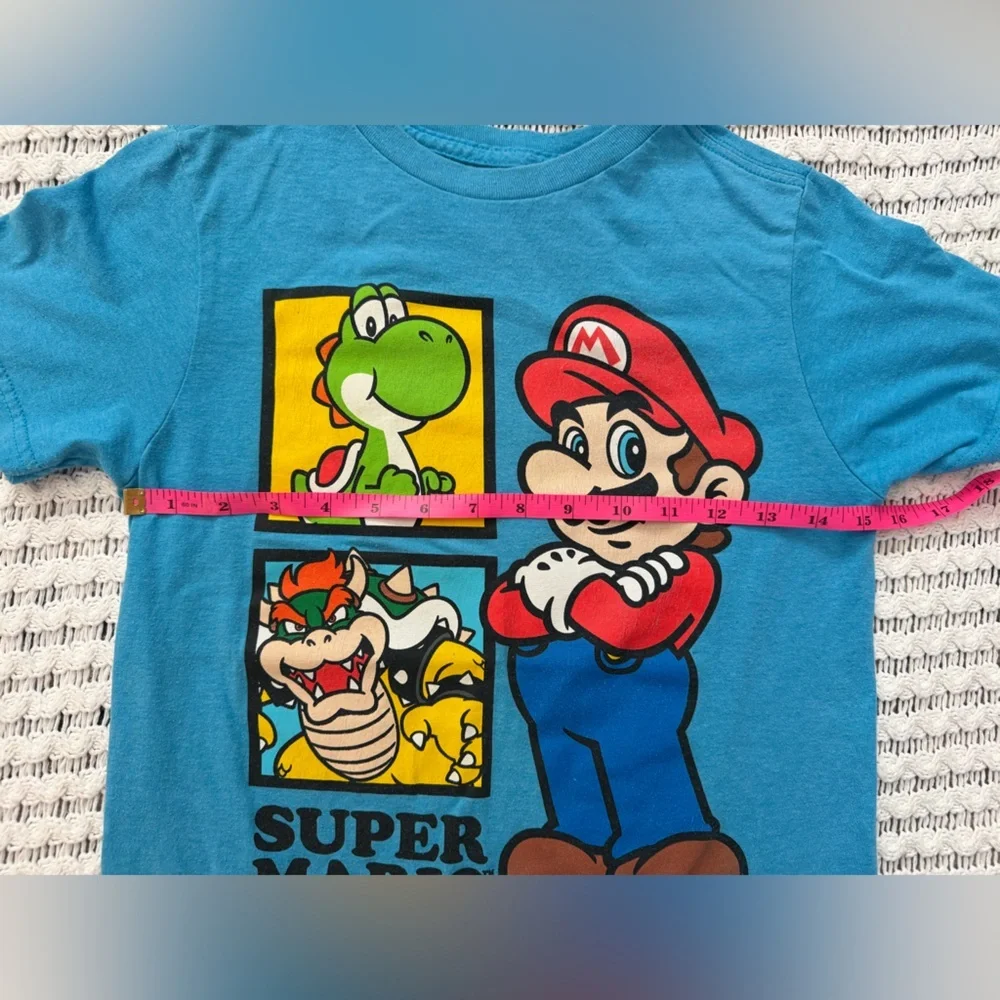 EUC Nintendo Super Mario Boys Mario Yoshi Bowser Blue Graphic Shirt Youth M